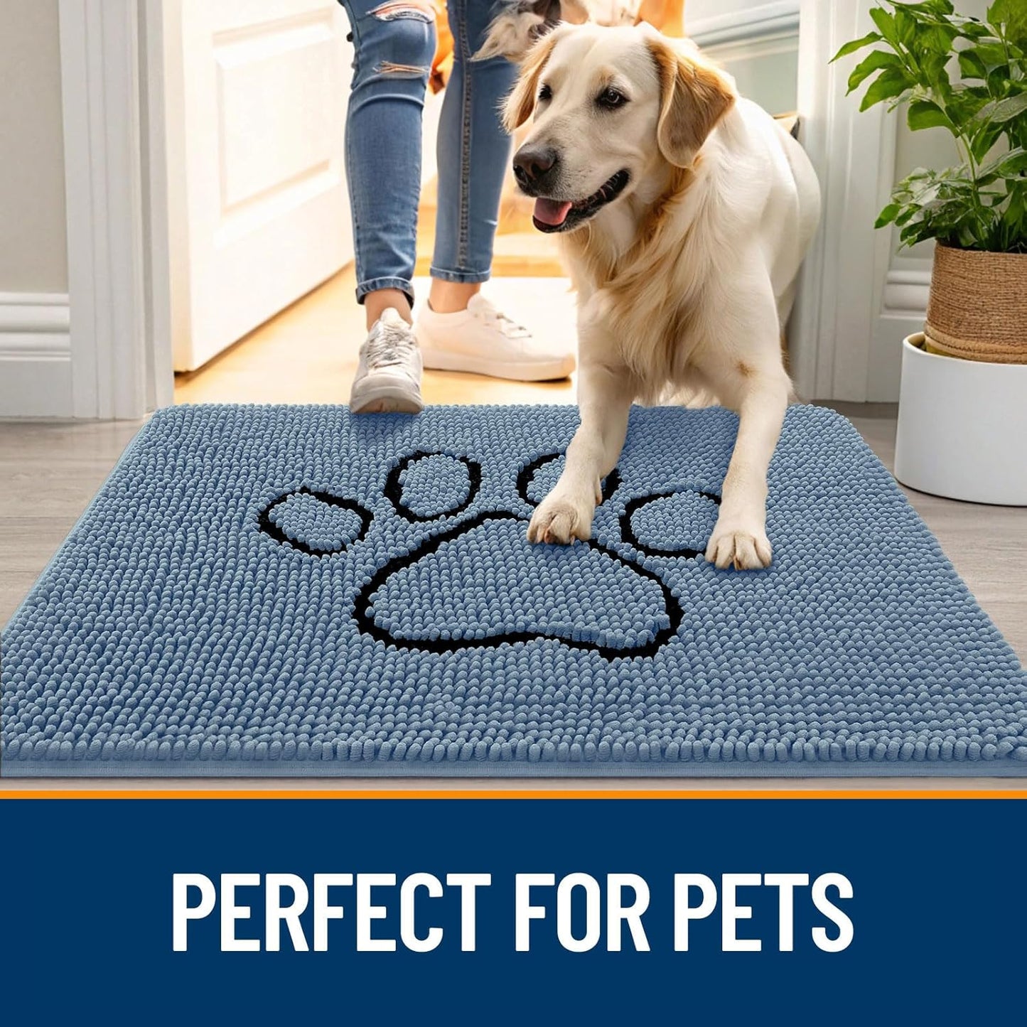 OLANLY Door Mat for Muddy Dog Paws 30x20, Absorbent Chenille Doormat with Paw Print Design, Non-Slip Washable Doormat for Indoor Entryway, Quick-Dry Pet Bed Mats for Dirty Dogs, Airy Blue and Black