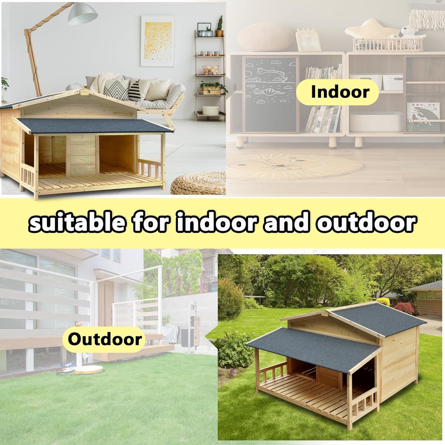 Large Outdoor Wooden Dog House – Weatherproof Double Kennel with Asphalt Roof & Covered Porch, Ideal for Medium to Large Breeds