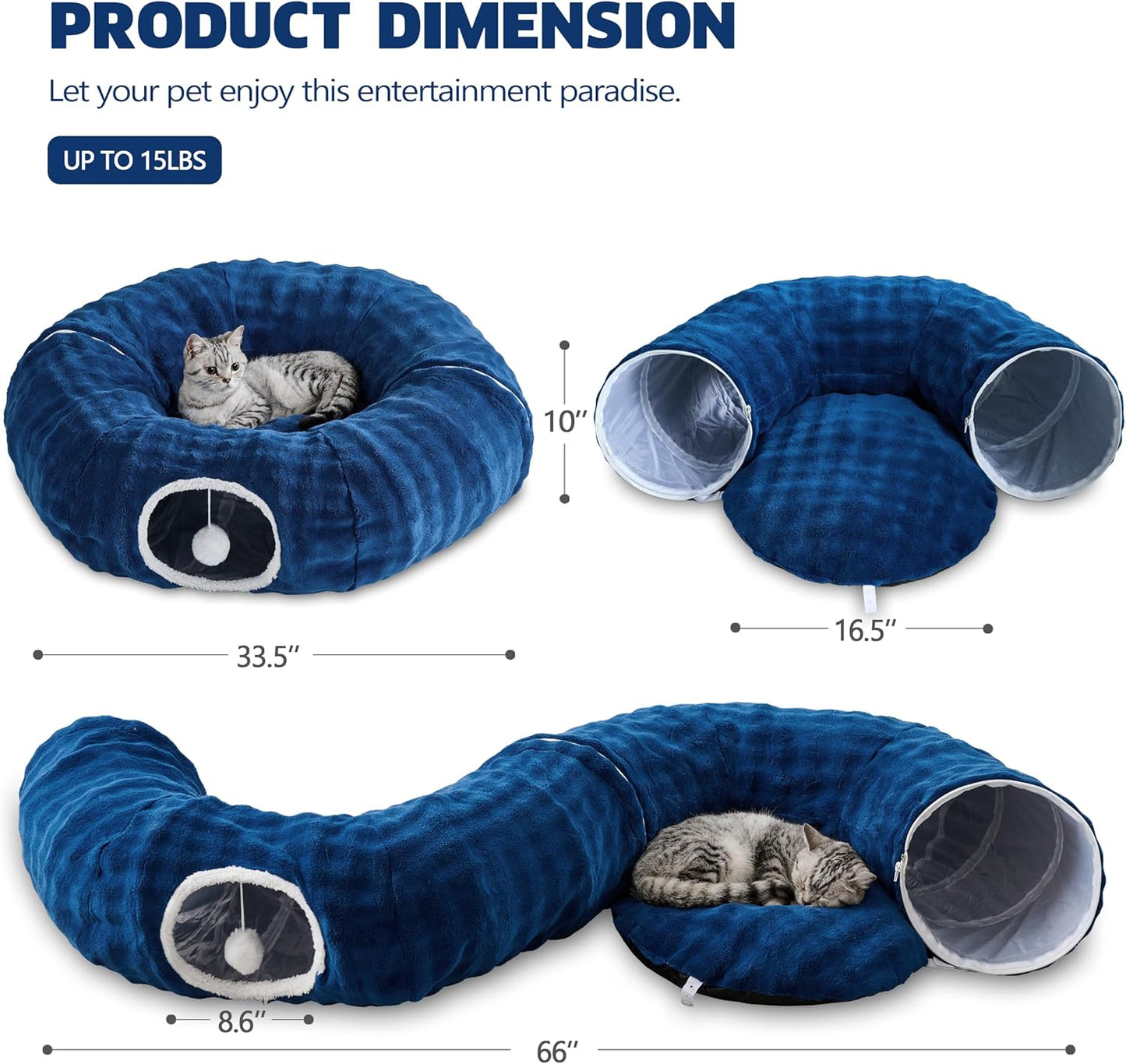 Bubble Cat Tunnel for Indoor Cats, Round Peekaboo Cave Toy with Dangling Balls, Donut Tunnel Bed with Circle Mat for Puppy Kitten Rabbit, Navy Blue