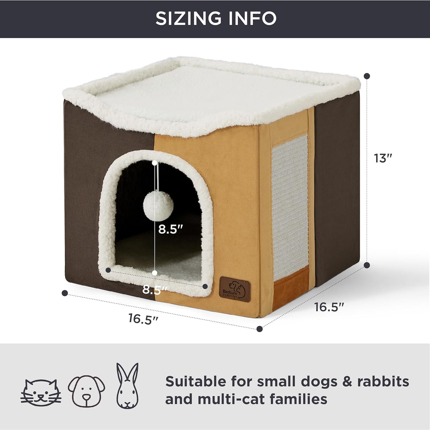 Bedsure Cat Beds for Indoor Cats - Large Cat Cave for Pet Cat House with Fluffy Ball Hanging and Scratch Pad, Foldable Cat Hideaway, 16.5x16.5x13 inches, Burnt Honeycomb