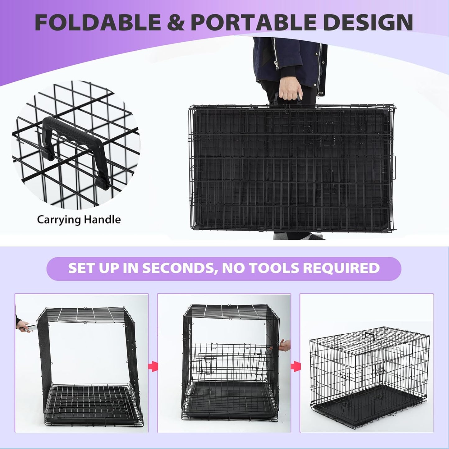 BestPet | Dog Crate | 30" | Black | Foldable Metal Kennel with Double Doors, Secure Slide-Bolt Latches, Leakproof Tray | Portable Dog Cage for Small Breeds | for Travel, Indoor & Outdoor Use