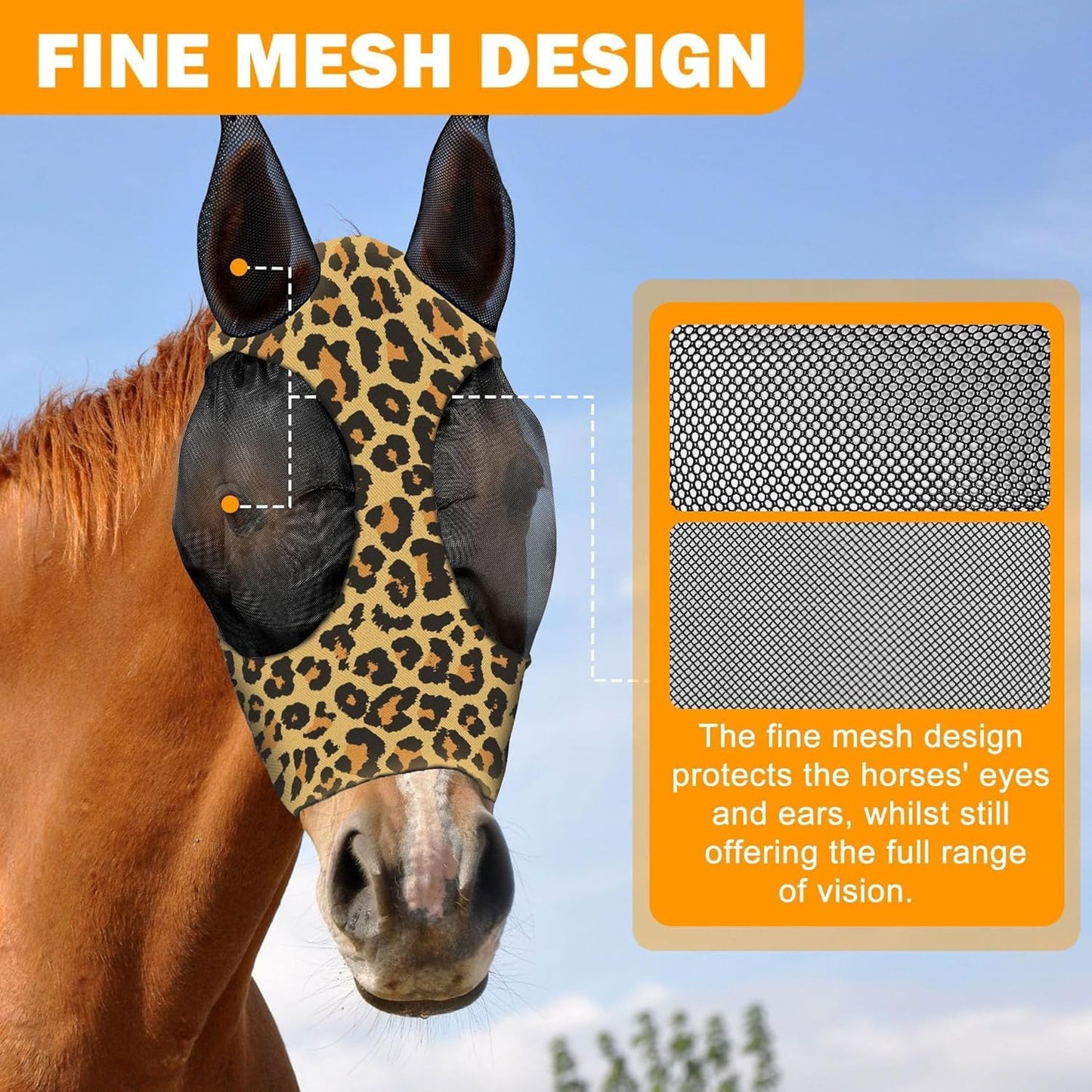 Horse Fly Mask with Ears - Comfort Fit, Durable & Breathable, Easy to on/Off | UV Protection, Large Eye Space, Stretchy Leopard Print (2pcs Medium, Tangle-Free)