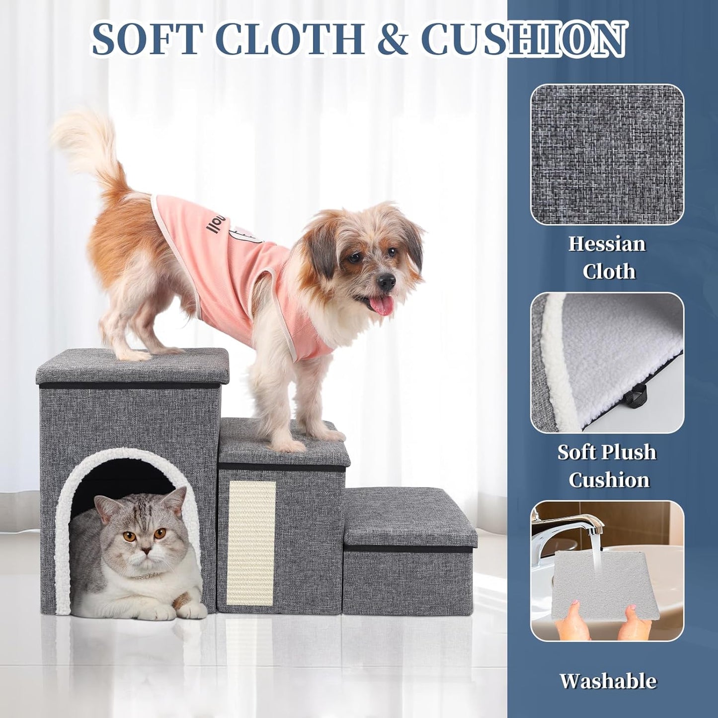 Dog Stairs for High Bed and Couch, 4 IN 1 Foldable Pet Stairs for Cats & Small and Medium Dogs, Adjustable Dog Steps with Pet Climbing Ladders/Cozy Condo/Storage Boxes/Cat Scratcher, Hold Up to 180LBS