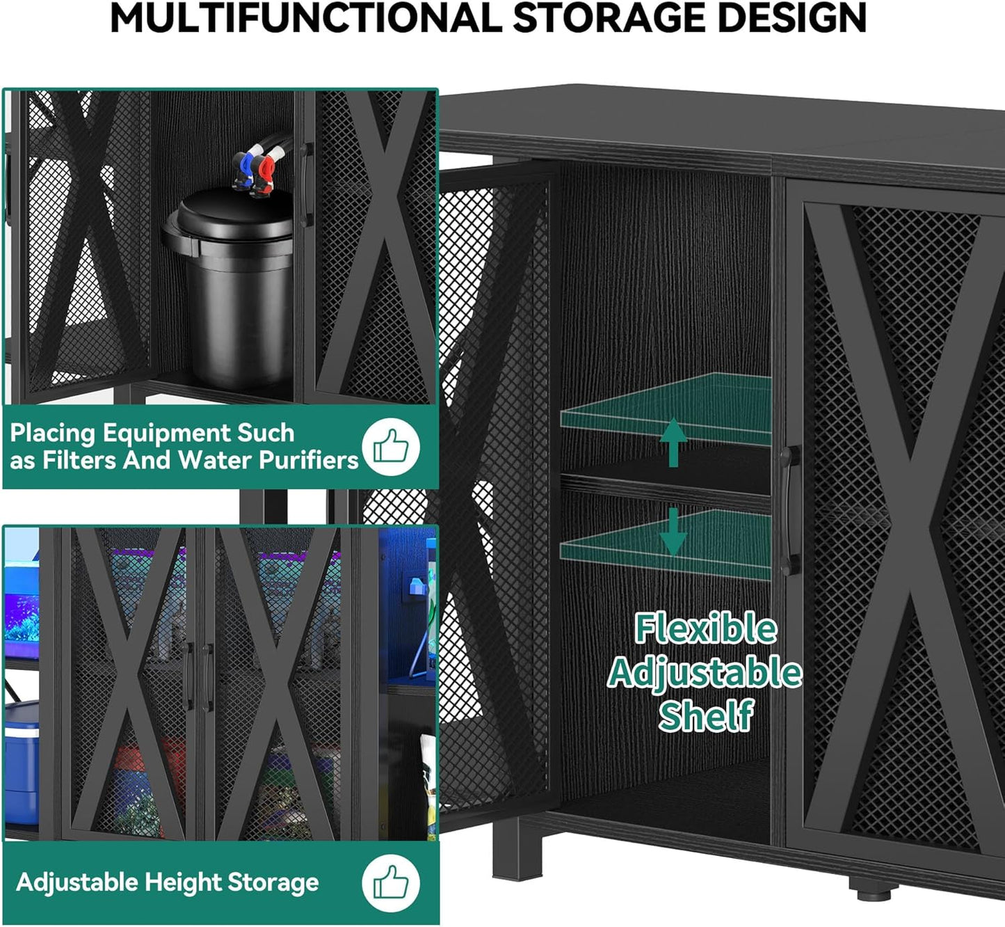 YITAHOME 90-120 Gallon Reptile Tank Stand with Power Outlet & LED Light, Heavy Duty Aquarium Stand w Accessories Storage Cabinet - Metal Fish Tank Stand for Turtle, Reptile, 2000LBS Capacity, Black