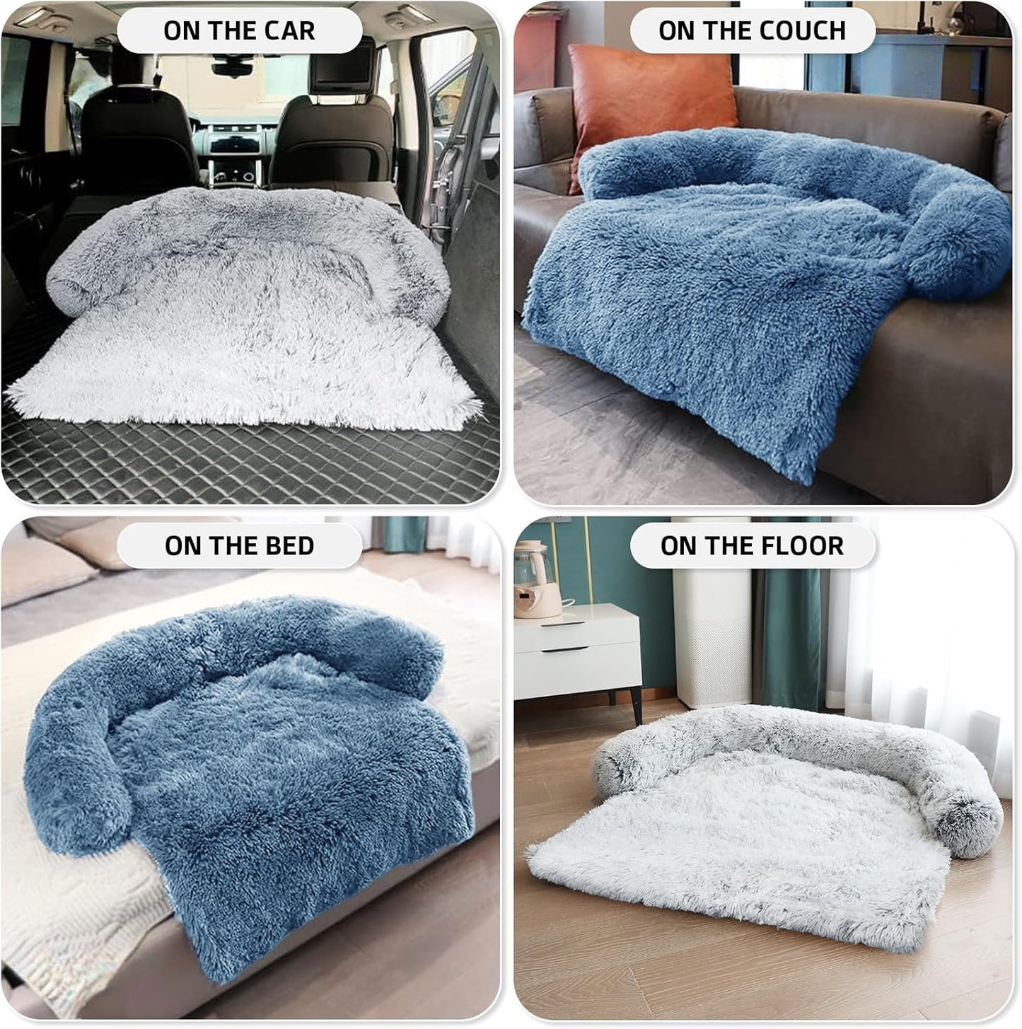 GGIB Calming Dog Bed Fluffy Plush Dog Mat for Furniture Protector with Removable Washable Cover for Large Medium Small Dogs and Cats (Large, Navy)