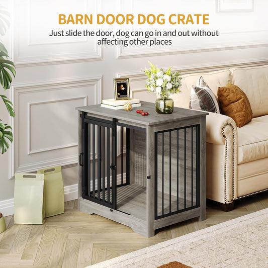 27.2" Dog Crate Furniture with Barn Door, Heavy Duty Dog Kennel Indoor with 2 Doors, Wooden Pet