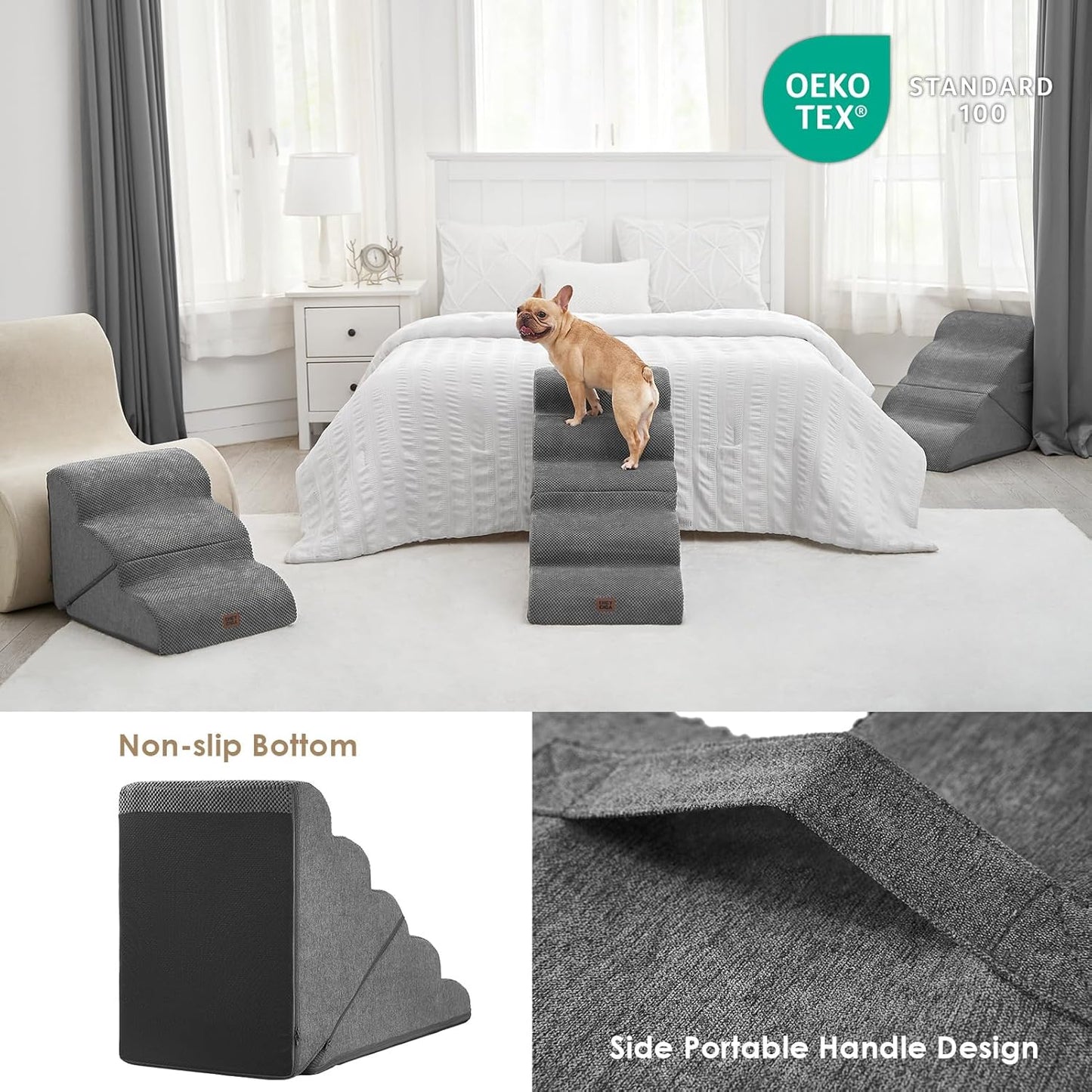 EHEYCIGA Curved Foldable Dog Stairs Ramp for High Beds 22.5" H, 5-Step Dog Steps for Small Dogs and Cats, Pet Stairs for High Bed Climbing, Non-Slip Balanced Pet Step Indoor, Grey