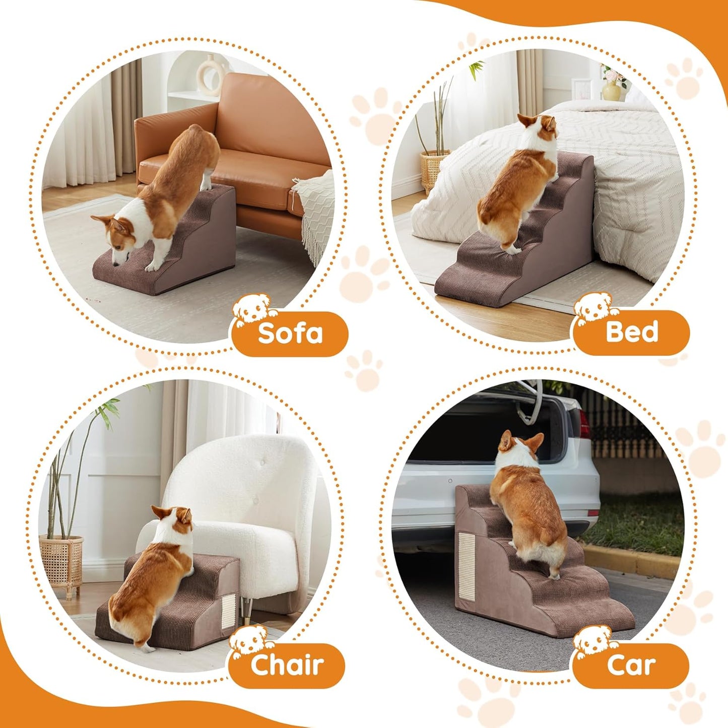 Pet Stairs, Dog Stairs for Small Dogs, Dogs Steps, 3-Step Curved Dog Ramp for Bed, Couch, Sofa, Car and Chair, Non-Slip Bottom Design, Cat Scratching Board, High Density Foam Portable Pet Step, Coffee