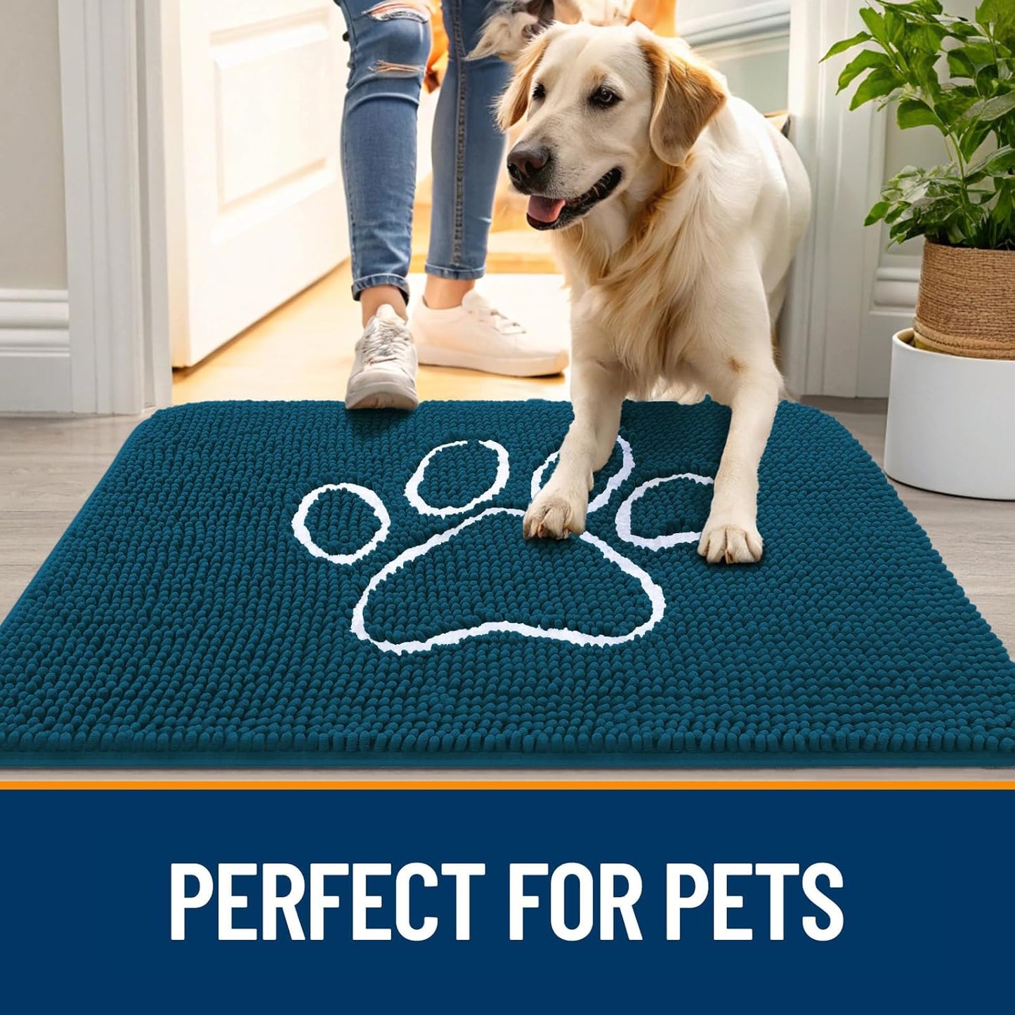 OLANLY Door Mat for Muddy Dog Paws 70x46, Absorbent Chenille Mud Doormat with Paw Print Design, Non-Slip Washable Doormat for Indoor Entryway, Quick-Dry Pet Bed Mats for Dirty Dogs, Atlantic Blue