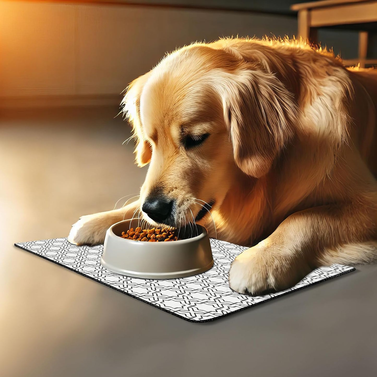 Lunarable Modern Pet Mat for Food and Water, Geometric Oriental Morrocan Design with Star Squares Lines Triangles Art Print, Non-Slip Rubber Mat for Dogs and Cats, 18" X 12", Off White