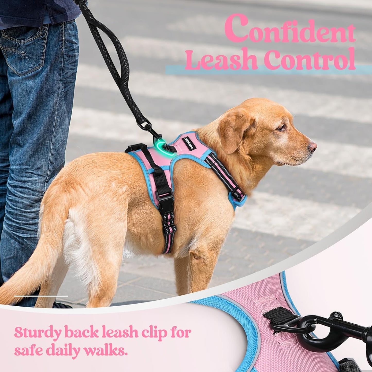 rabbitgoo Dog Harness No Pull with 2 Leash Clips, Adjustable Soft Padded, Reflective Oxford No Choke Pet Vest with Easy Control Handle for Large Dogs, Pink & Blue, XL