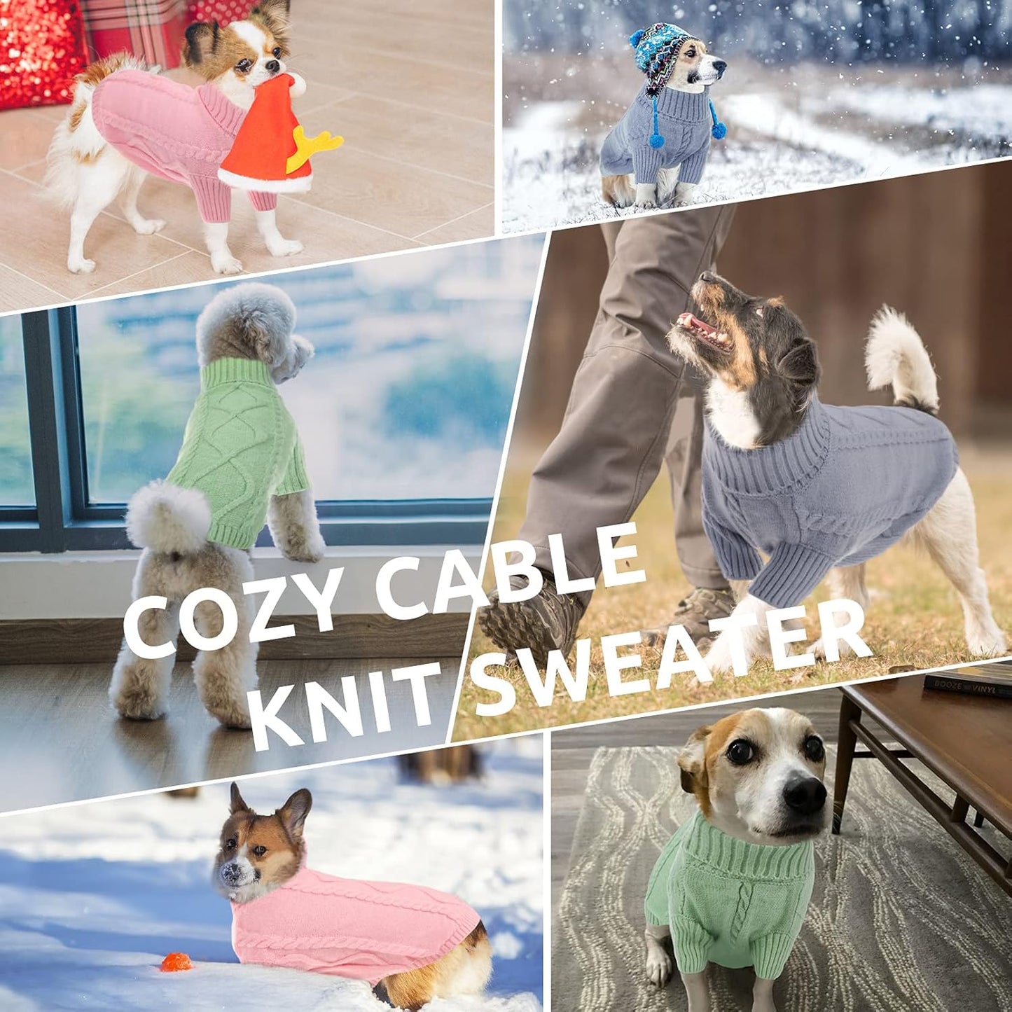Queenmore Small Dog Pullover Sweater, Cold Weather Cable Knitwear, Classic Turtleneck Thick Warm Clothes for Chihuahua, Bulldog, Dachshund, Pug, Yorkie (Green, Large)