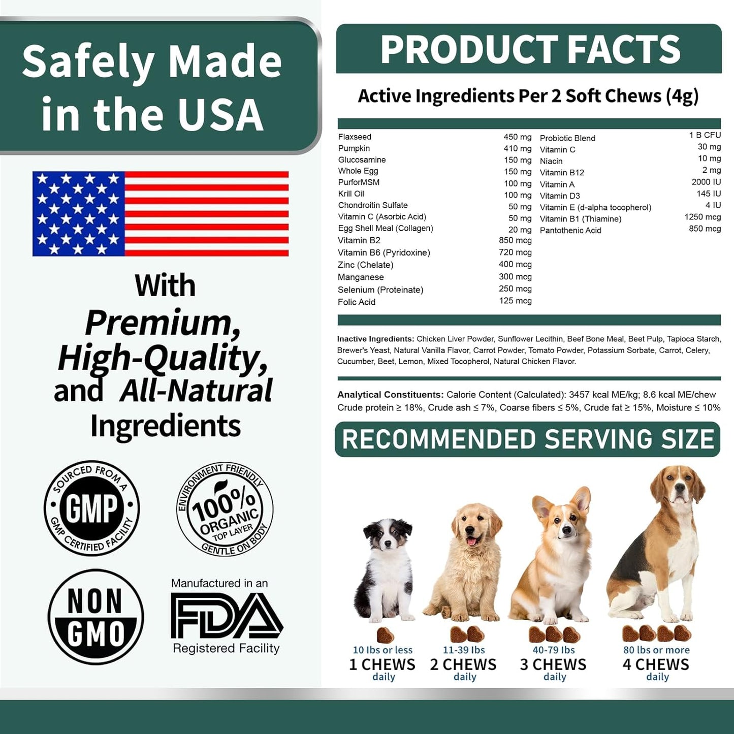 Dog Multivitamin, Glucosamine Chondroitin for Dogs, Dog Vitamins and Supplements, Probiotics, Krill Oil for Hip & Joints, Skin, Coat, Immune Health, Heart, Digestion (120 Chews, Chicken)