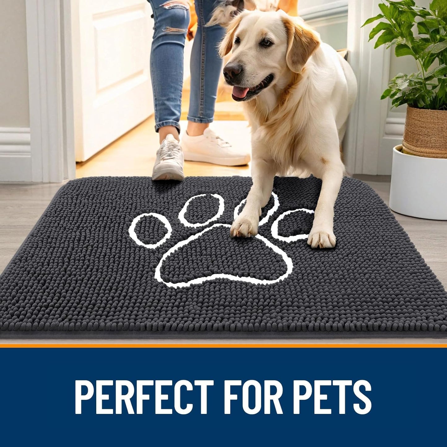 OLANLY Door Mat for Muddy Dog Paws 24x16, Ultra Absorbent Chenille Mud Doormat with Paw Print Design, Non-Slip Washable Doormat for Indoor Entryway, Quick-Dry Pet Bed Mats for Dirty Dogs, Dark Grey