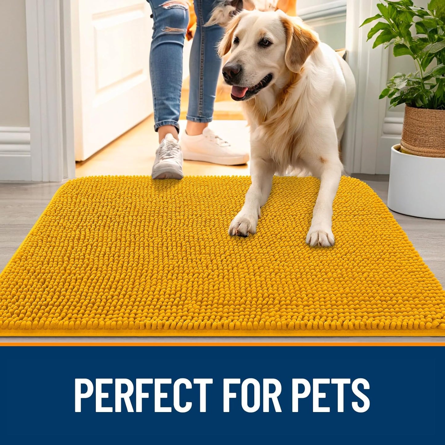 OLANLY Dog Door Mat for Muddy Paws 30x20, Absorbs Moisture and Dirt, Absorbent Non-Slip Washable Doormat, Quick Dry Chenille Mud Mat, Entry Indoor Entryway Carpet for Inside Floor, Golden Yellow