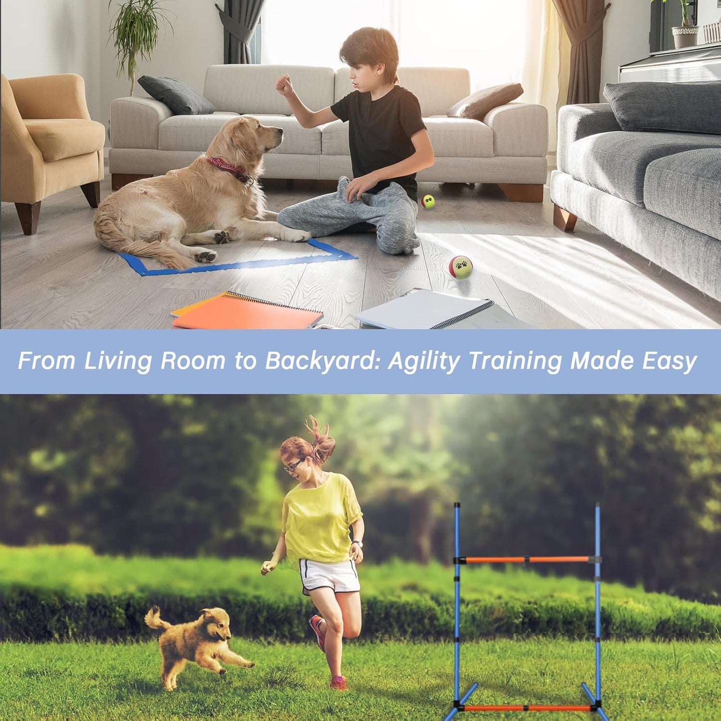 PLKO Dog Agility Equipment Set, Training Starter Kit Dog Obstacle Course,8 Weave Poles, Adjustable Hurdle, Jump Ring, Pause Box and Carrying Bag(Style C)