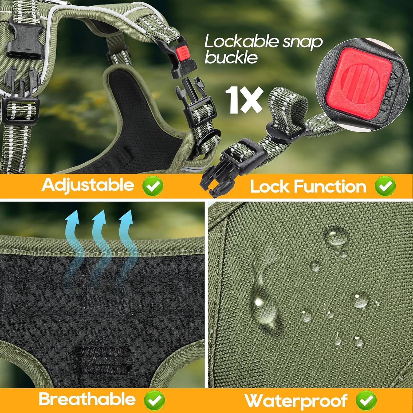 Timos Dog Harness Large Sized, No Pull Pet Harness with Neck Lockable Snap,No Choke Front Clip Dog Reflective Vest,Adjustable Metal Rings 3 Buckles,Easy Control Handle for Large Dogs Green L