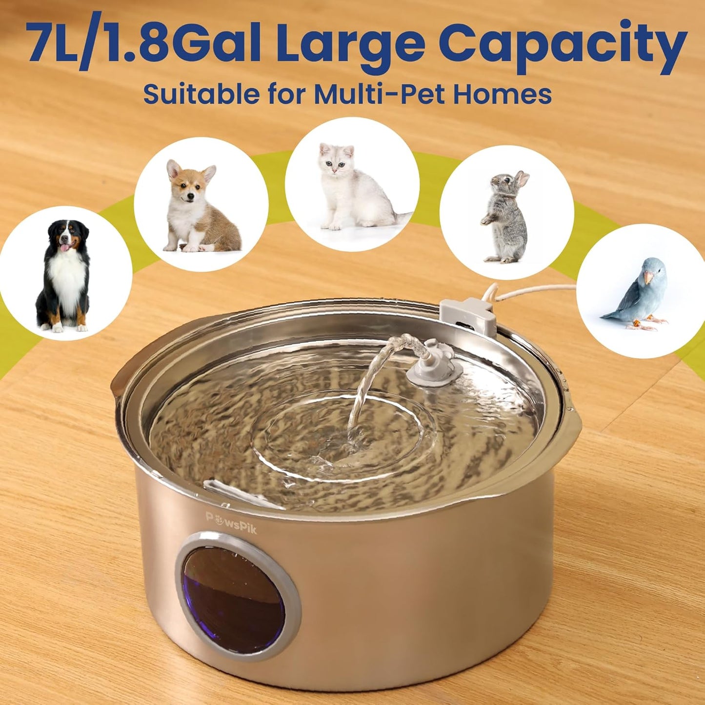 Ultra-Quiet Stainless Steel Dog Water Fountain, 1.8-gal
