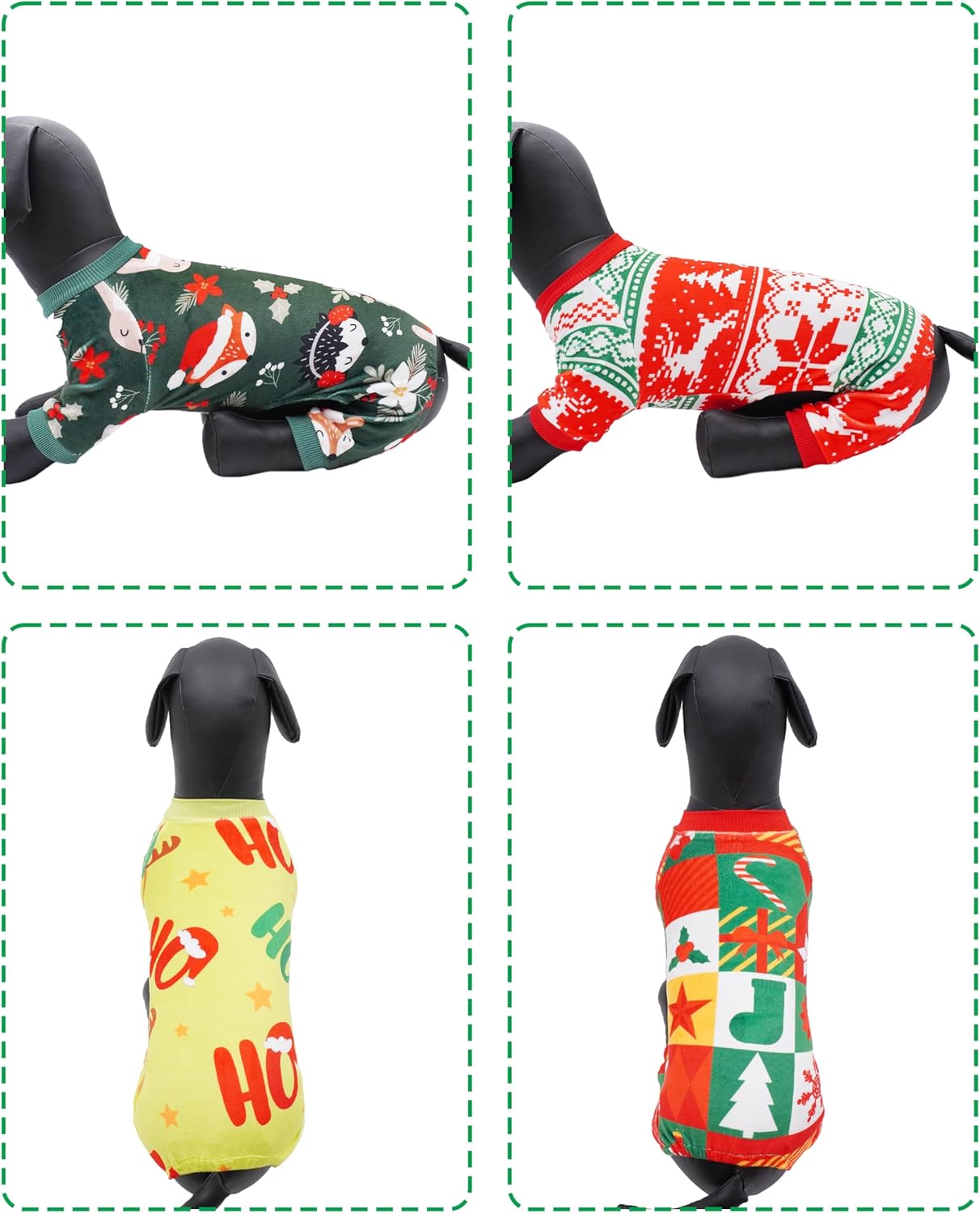 PET SHOW 4 Pack Christmas Small Dog Pajamas Holiday Dog Clothes for Medium Dogs Girl Boy Soft Stretchy PJs Xmas Jumpsuit Puppy Cats Onesies Red Green Outfits with Sleeve Pets Dachshund Costume M
