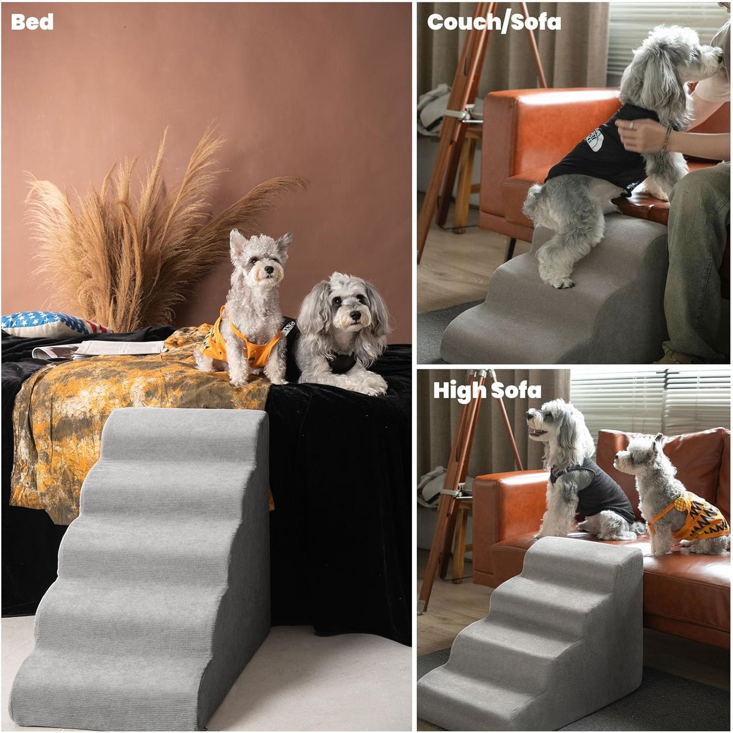 MEWANG Dog Stairs for Small & Medium Dogs and Old Cats –3/4/ 5 Steps High-Density Foam Pet Ramp for Bed & Couch, Non-Slip, Washable Cover, Grey (Round Corner, 4 Steps: 23.94''×18.27''×14.96'', 2)