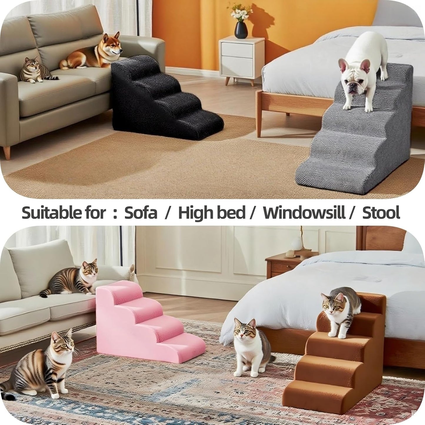 4 Step Pet Stairs Ramp for High Beds Sofas 18-24 Inch with Sturdy Non Slip Waterproof Pads, Machine Washable Cover Indoor Balanced Design for Cats Dogs Small Medium Large XL Pets Grey
