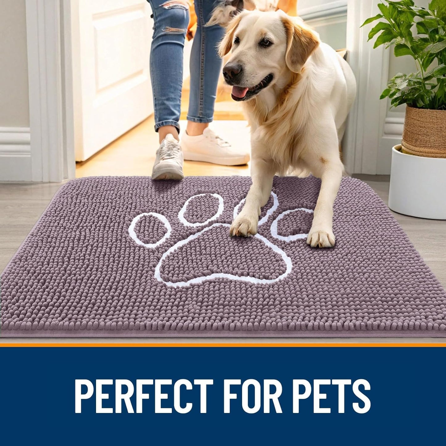 OLANLY Door Mat for Muddy Dog Paws 36x24, Absorbent Chenille Mud Doormat with Paw Print Design, Non-Slip Washable Doormat for Indoor Entryway, Quick-Dry Pet Bed Mats for Dirty Dogs, Deep Plum