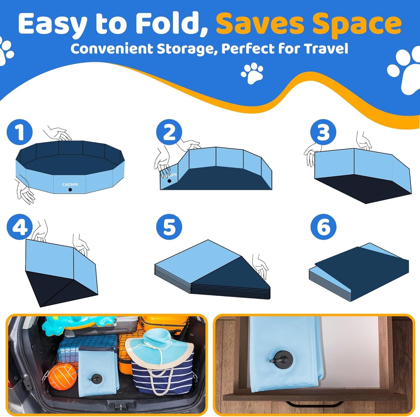 63" x 12" Foldable Dog Pool - Collapsible Hard Plastic Kiddie Pool for Dogs & Kids, Non-Slip Pet Bath Tub for Outdoor Backyard Use, Lightweight & Portable (Blue)