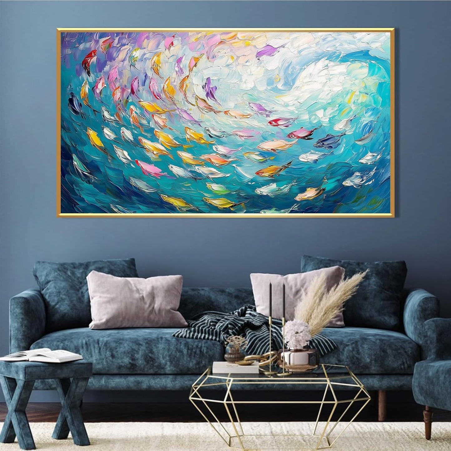 Fish Canvas Wall Art, Abstract School of Fish Canvas Wall Art, School of Fish Painting Canvas, School of Fish Wall Art, Fish Wall Decor, Fish Pictures Wall Decor, Bedroom Canvas Wall Decor (Black Framed, 59"x33" | 150x84cm)
