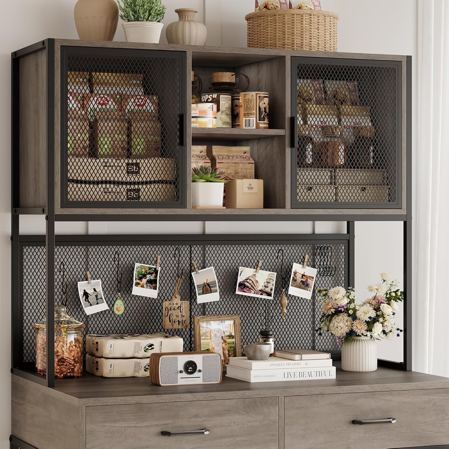 HITHOS 71" Tall Dog Crate Furniture, Indoor Dog Kennel with Hutch, 42" W Dog Cage for Large/Medium Dogs, Wood Dog Crates with 2 Storage Drawers, Heavy Duty Pet House, Ash Grey