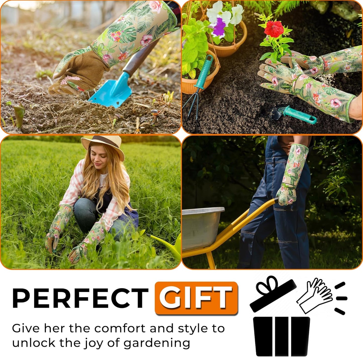 HANDLANDY Leather Gardening Gloves for Women, Thorn Proof Breathable Ladies Rose Pruning Garden Gauntlet Yard Gloves, Gift for Gardeners (Khaki, L)