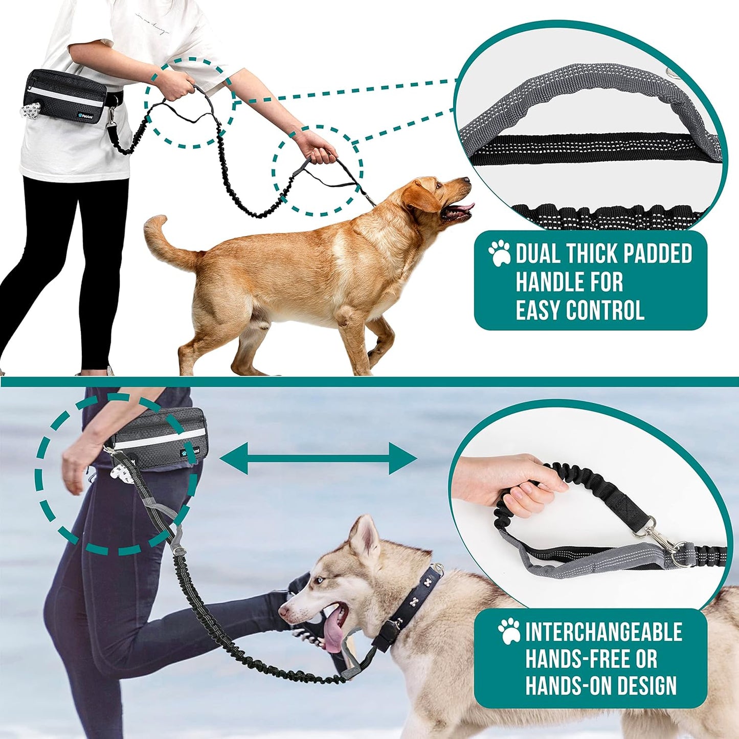 PetAmi Hands Free Dog Leash, Dog Running Leash Belt for Walking Jogging, Dog Waist Zipper Pouch Fanny Pack with Poop Bag Dispenser, Dual Padded Handle Bungee Leash for Small Medium Large Dogs, Single