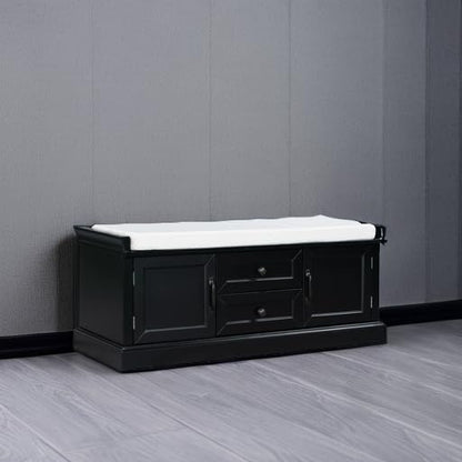 Storage Bench with 2 Drawers and 2 Cabinets, Pine Wood Shoe Bench with Removable Cushion for Living Room, Entryway 42.5" L x 15.9" W x 17.5" H (Black)