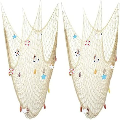 Nature Fish Net Wall Decoration with Shells, Ocean Themed Wall Hangings Fishing Net Party Decor for Pirate Party,Wedding,Photographing Decoration (2pack-Beige/Beige)