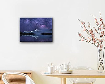Peaceful Star Lake Landscape Wall Art For Bedroom,Starry Night Sky Over Snowy Mountain,Purple Milky Way Galaxy Scenery Decor,Giclee Canvas Print Picture, Inner Frame 12x16 Inches