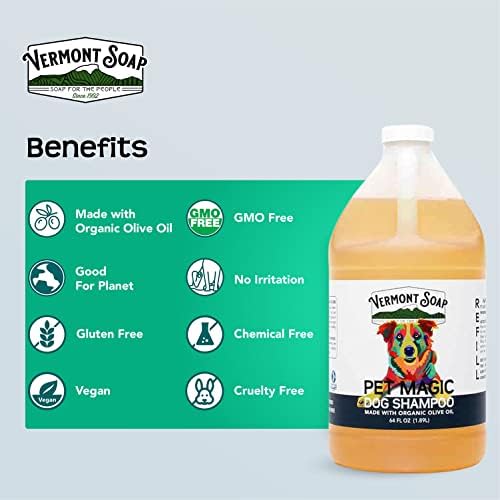 VERMONT SOAP Organics Pet Shampoo - Infused with Organic & Natural Olive Oil, Coconut & Aloe Vera Dog Shampoo for Sensitive Skin - USDA Certified Grooming Pet Shampoo - Original Citrus (64oz)