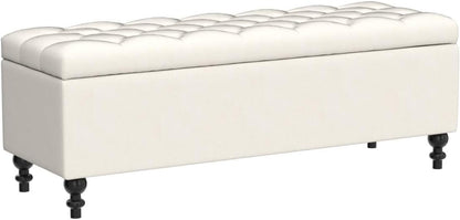 Ottoman with Storage,50.2-inch Upholstered End of Bed Storage Bench for Bedroom,for The Living Room,for Entryway, with Button and Safety Hinges,Detachable (White)