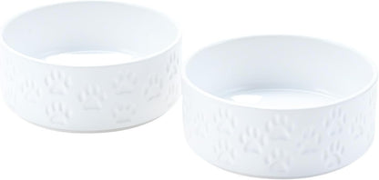 SPUNKYJUNKY Ceramic Dog Bowls 2 Pack, 7.3'' Dog Food Water Double Feeding Bowls Non-Slip for Medium to Large Sized Breed Microwave Dishwasher Safe - 42 OZ, 2pcs, Paw White
