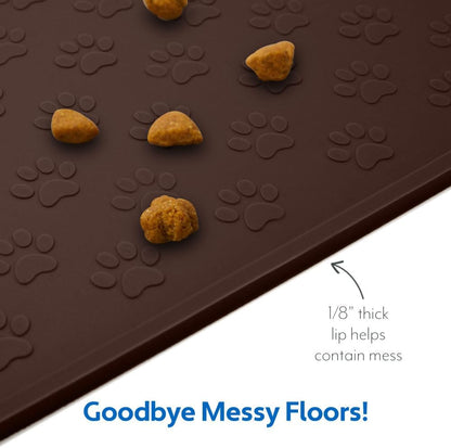 MIGHTY MONKEY 100% Waterproof Dog Food Mat, Raised Edges Silicone Pet Feeding Placemat for Cat, Dogs, Pet Bowls, High Lipped Tray Prevents Water Spills, Food on Floor, Dishwasher Safe, 18x12, Brown