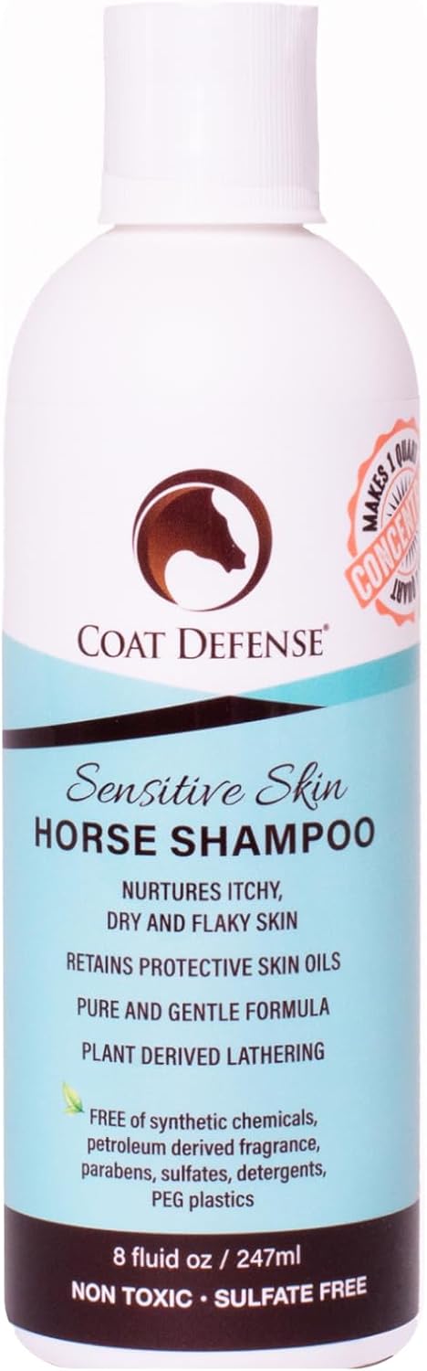 COAT DEFENSE Sensitive Skin Shampoo for Horses | All-Natural & Made in USA | Hypoallergenic Aloe Based - Soothes and Relieves Itchy, Dry and Inflamed Skin | Safe for Everyone | 8oz. Concentrated