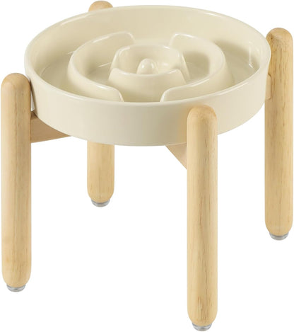 7.3inch Ceramic Raised Slow Feeder Dog Bowl Set, Elevated Wooden Stand for Medium and Small Dog, Puzzle Slow Dish, Anti-Gulping(Beige, Single Bowl+ Stand)