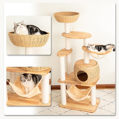 57'' Cat Tower for Large Cats, Manual Hand Woven Modern Multi-Level Condo with Natural Wood, Cat Activity Centre for Medium and Big Pets