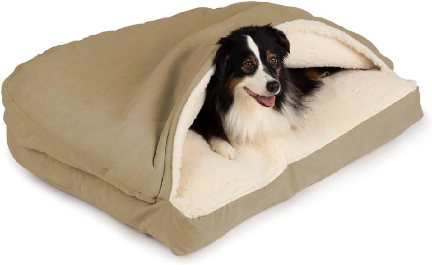 Snoozer Rectangle Cozy Cave Dog Bed - Indoor Dog Bed with Cover Cave, Covered Calming Burrow for Small & Medium Sized Pets with Blanket Attached, Enclosed, Washable - Medium, Khaki