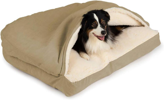 Snoozer Rectangle Cozy Cave Dog Bed - Indoor Dog Bed with Cover Cave, Covered Calming Burrow for Medium & Large Sized Pets with Blanket Attached, Enclosed, Washable - Large, Khaki