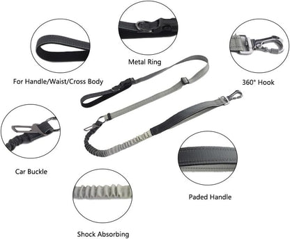 Hands Free Dog Leash for Large Medium Dogs Heavy Duty Bungee Reflective Adjustable Waist Leashes for Walking Running with Car Buckle 4-6FT (Grey)