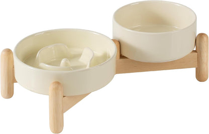 Ceramic Raised Slow Feeder Dog Bowl Set, Elevated 5.1inch Water Bowl and 6.1inch Puzzle Slow Pet Food Dish with Wooden Stand for Small Dog and Cat, Anti-Gulping (2X Beige+ Stand)