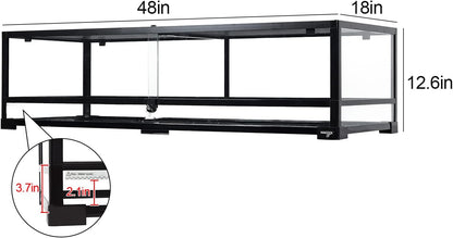 Large Reptile Tank 45 Gallon, 360°Full Vision Glass 48“ Long & 12” Low Reptile Terrarium with Top Mesh Lid for Tortoise Snake Ball Python