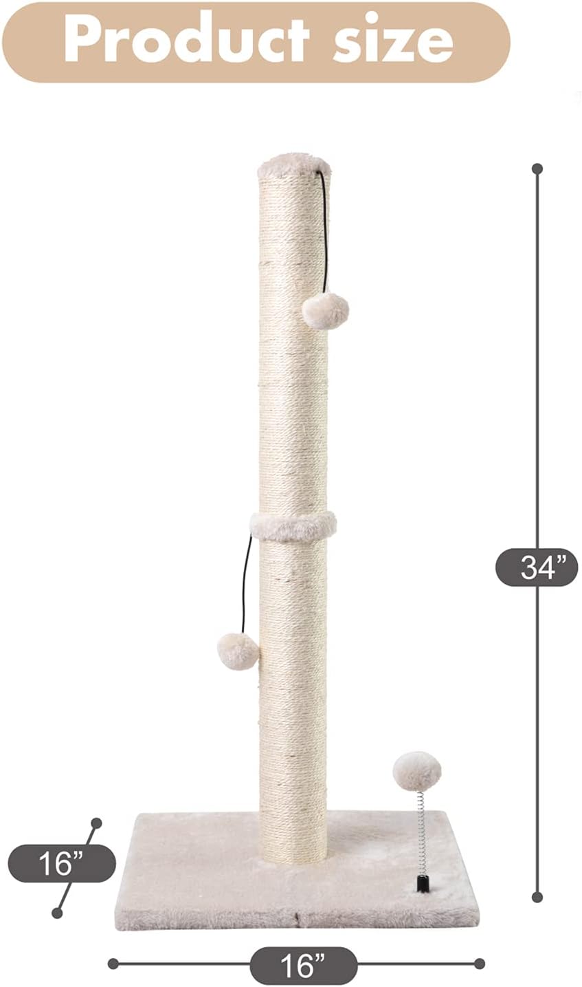 MECOOL 34” Tall Cat Scratching Post Premium Basics Kitten Scratcher Sisal Scratch Posts Trees with Hanging Ball for Indoor Cats, Beige