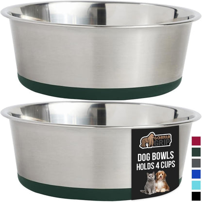 GORILLA GRIP Set of 2 Dog Bowls, Holds 4 Cups (32 fl oz), Heavy Duty Metal Food and Water Bowl for Feeding Dogs and Cats, Dishwasher Safe, Rust Resistant Stainless Steel, BPA Free Rubber Base, Green