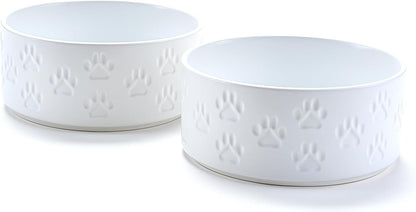 SPUNKYJUNKY Ceramic Dog and Cat Bowls 2 Pack, 6.1'' Dog and Cat Food Water Double Feeding Bowls Non-Slip for Large Sized Breed Microwave Dishwasher Safe - 28.7 OZ, 2pcs, Paw White