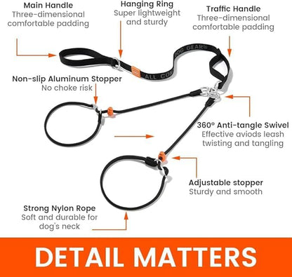 Howgo Double Slip Leash Slip Lead with Two Handles| Dual Dog Slip Lead for 2 Dogs,360° Swivel No Tangle | Dog Training Collar | Double Clip Leash Coupler and Splitter (Red, 6FT)